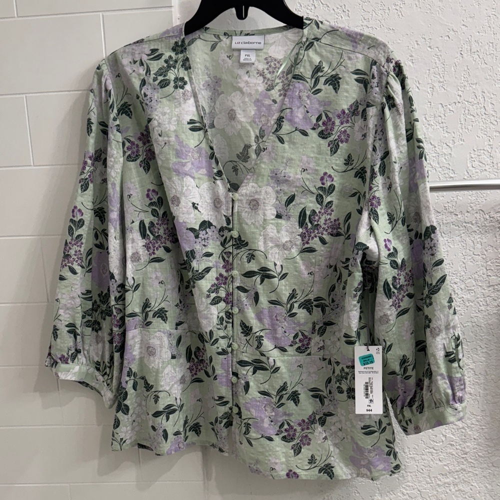 Zara Floral V-Neck Blouse - Green and Purple